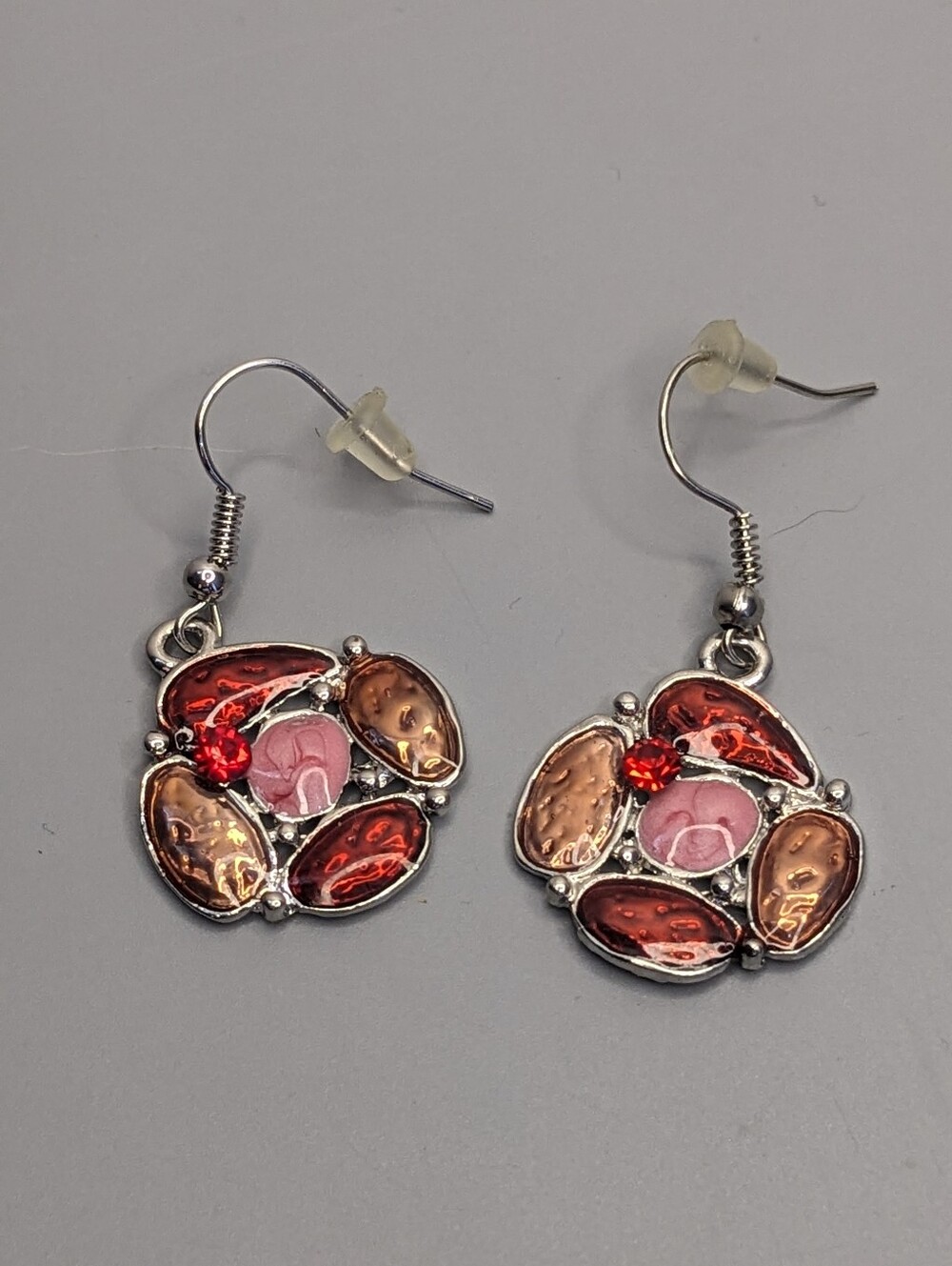 Vintage Enamel Floral Drop Earrings In Silver Tone With Multicolor Design